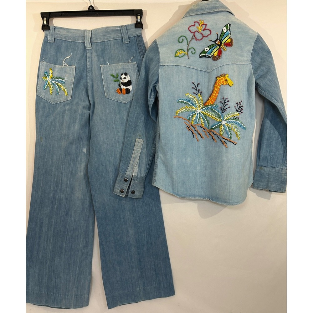 DENIMITES 1970s Beaded Flair Jean Pant Set Wool ‎ Embroidery Jungle Animals Sz 7